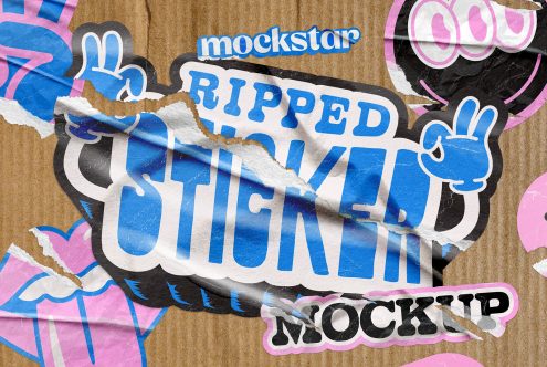 Layered sticker mockup with torn edges on cardboard for design presentation, realistic graphic mockup, template asset for designers.