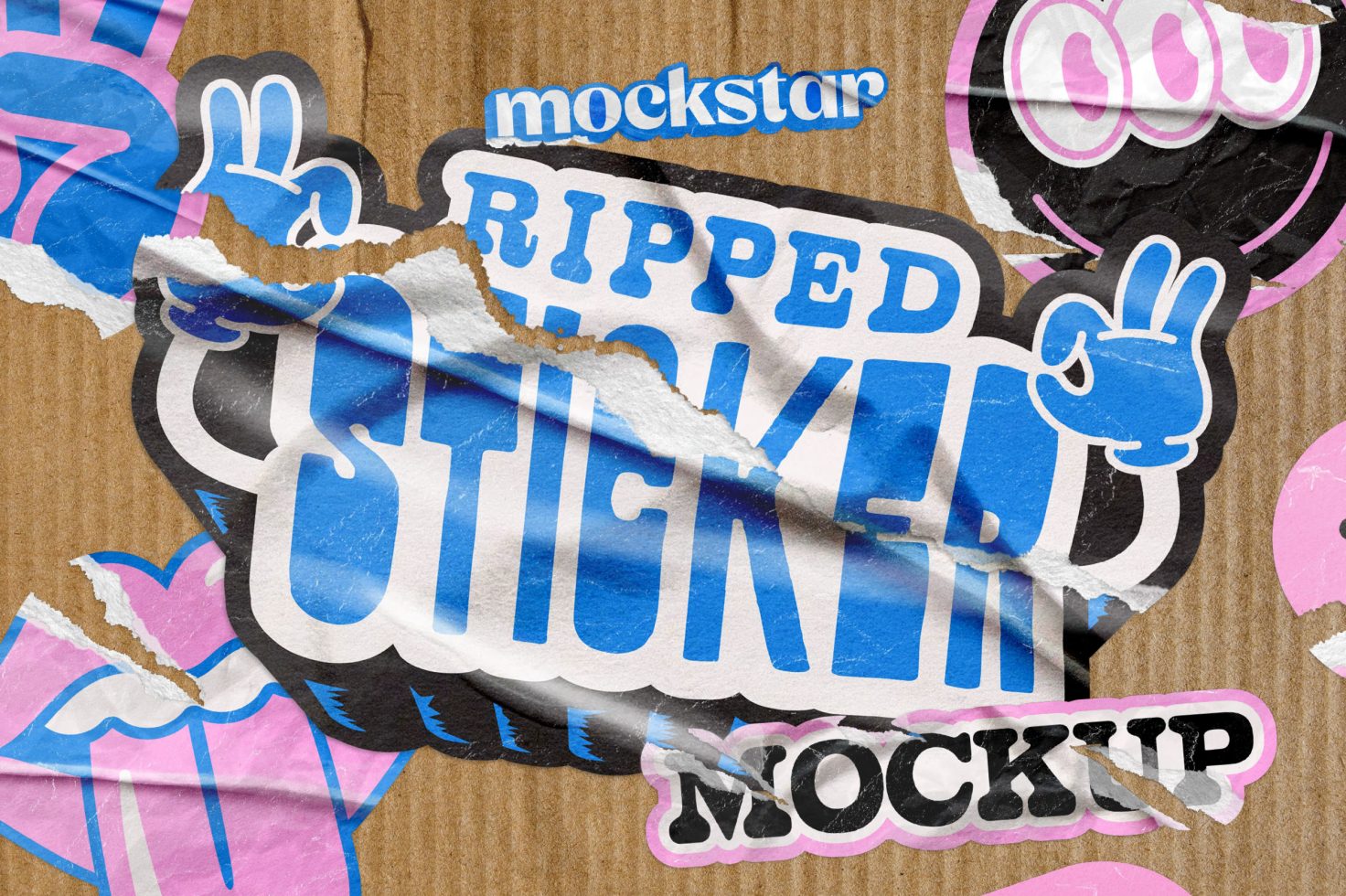 Realistic ripped sticker mockup on textured background, perfect for trendy design presentations, urban style graphics.