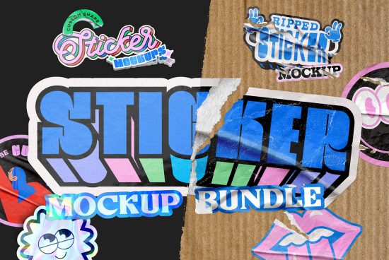 Colorful sticker design mockup bundle featuring various styles including ripped and custom shapes on textured backgrounds for graphic designers.