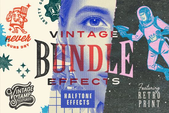 Vintage graphics bundle promo with halftone effects, stamp textures, and retro astronaut illustration for creative design projects.