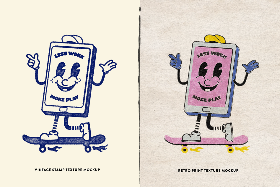 Smartphone character with happy face on skateboard comparing vintage stamp texture mockup