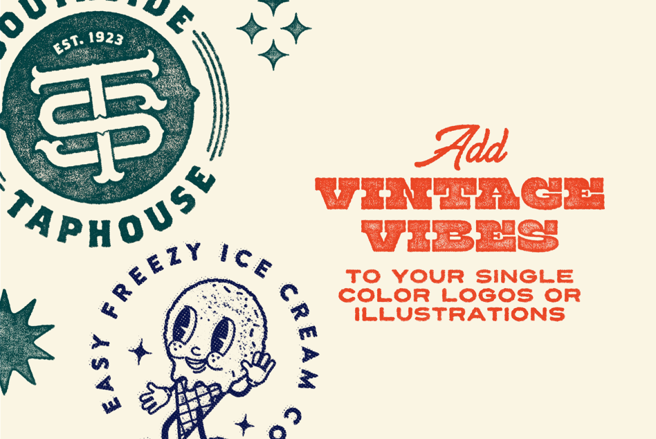 Vintage taphouse logo with ice cream mascot, red overlay text