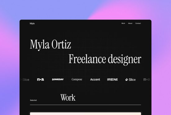 Professional freelance designer personal website template showcasing portfolio and contact information with sleek typography and minimalist layout.