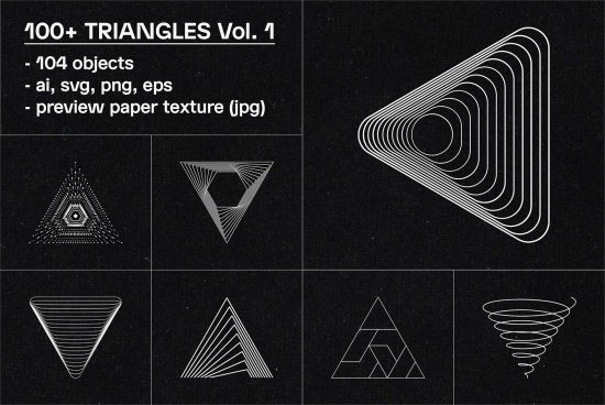 Collection of 100+ geometric triangles, vector graphics set in ai, svg, png, eps format with paper texture background for designers.
