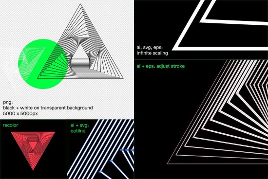 Geometric vector graphics pack featuring infinite scaling, adjustable strokes, and recolor options in ai, svg, eps formats for design projects.