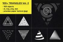 105 triangle shapes with geometric patterns, lines, grids on dark background