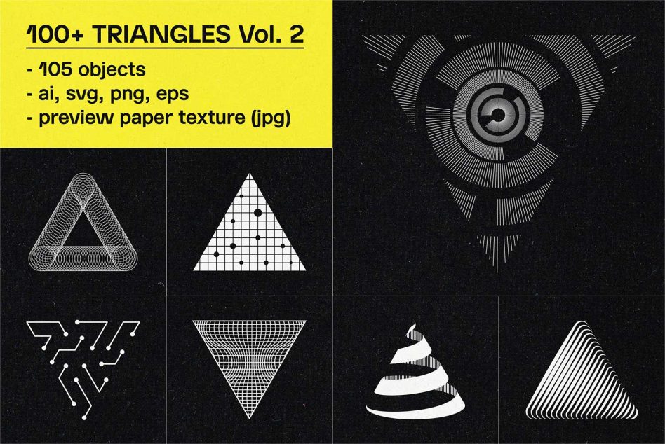 Collection of 100+ triangle shapes and patterns, graphic design elements, vector format including AI, SVG, PNG, EPS with paper texture preview.