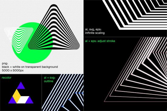 Optical illusion graphic design elements in black and white, with editable stroke, suitable for mockups, SVG for web design.