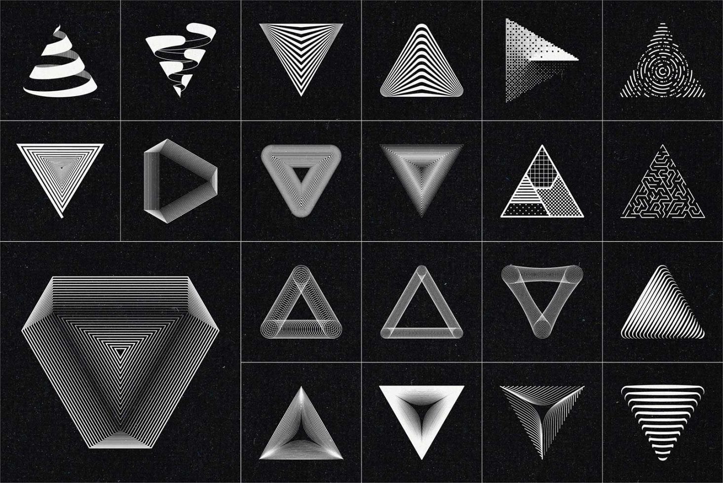 Collection of geometric triangle designs with various line patterns, ideal for graphics in mockups and templates, featuring minimalist black and white.