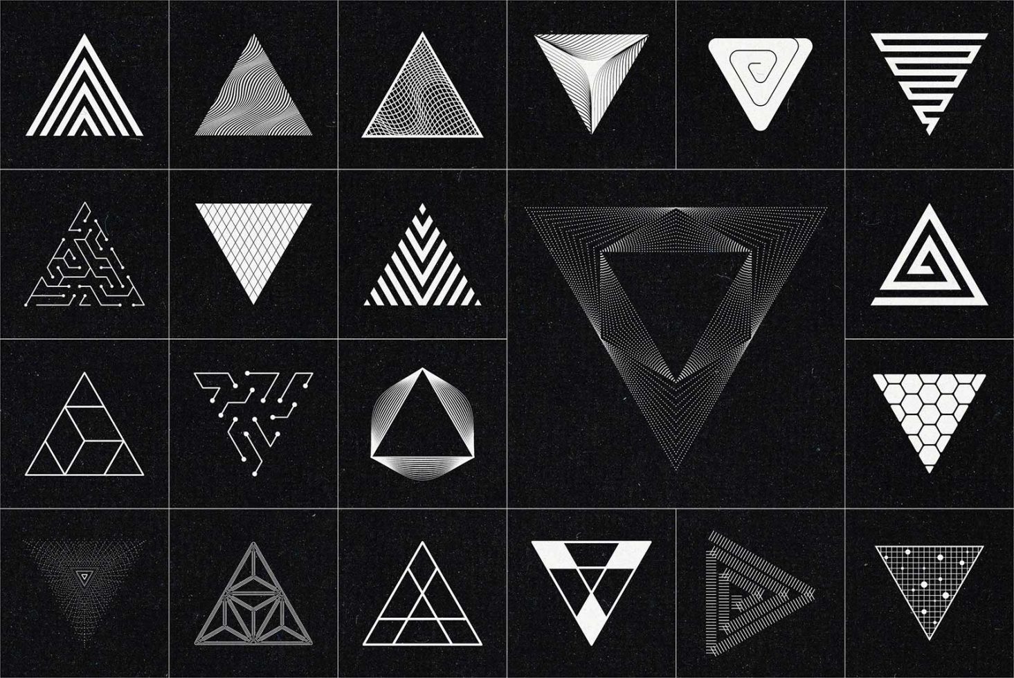 Collection of 20 geometric shape designs in various patterns, ideal for graphics, logos, and digital art projects for creative professionals.