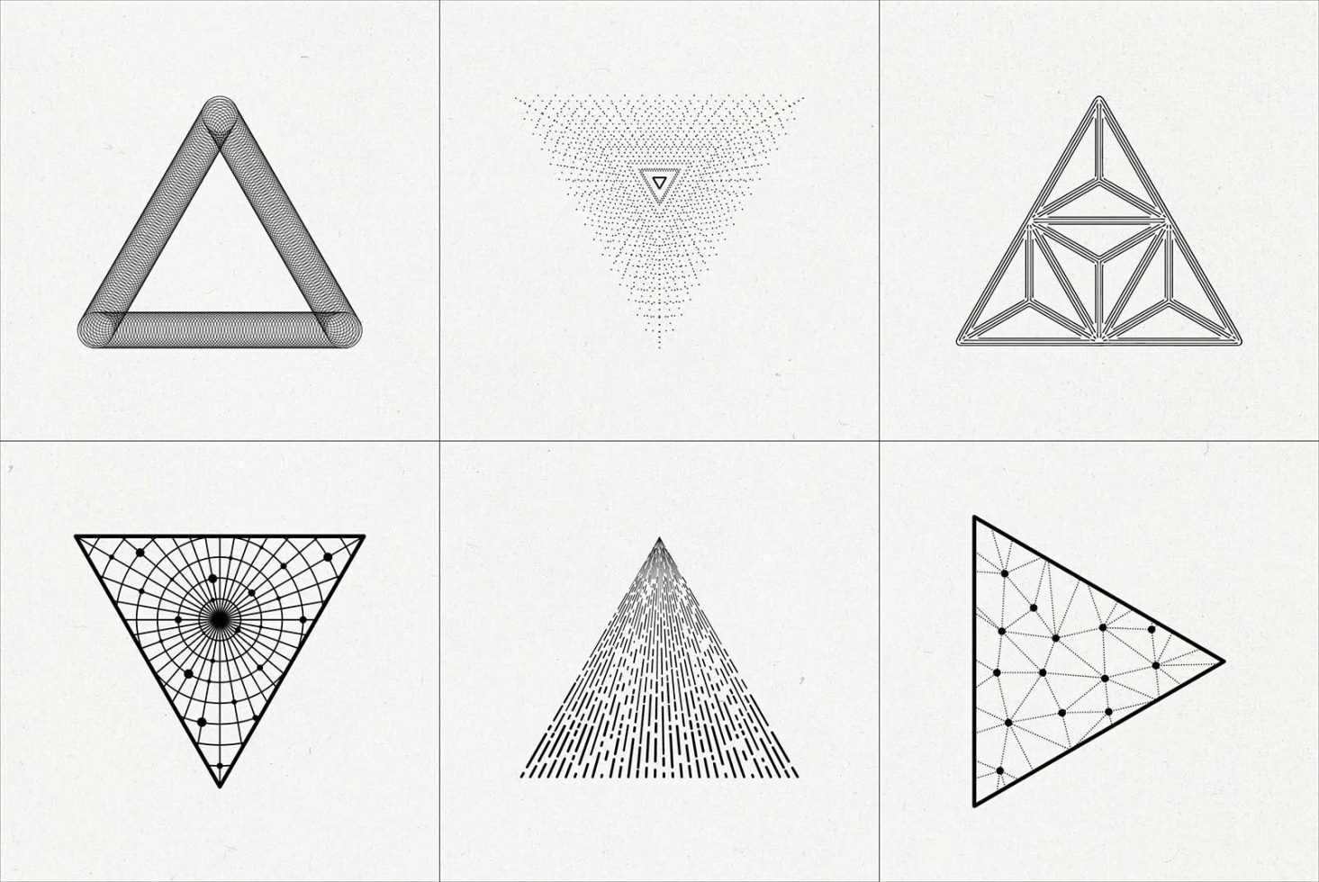 Geometric triangle vector designs collection showing line art, dot work, 3D rendering for graphics and templates category.