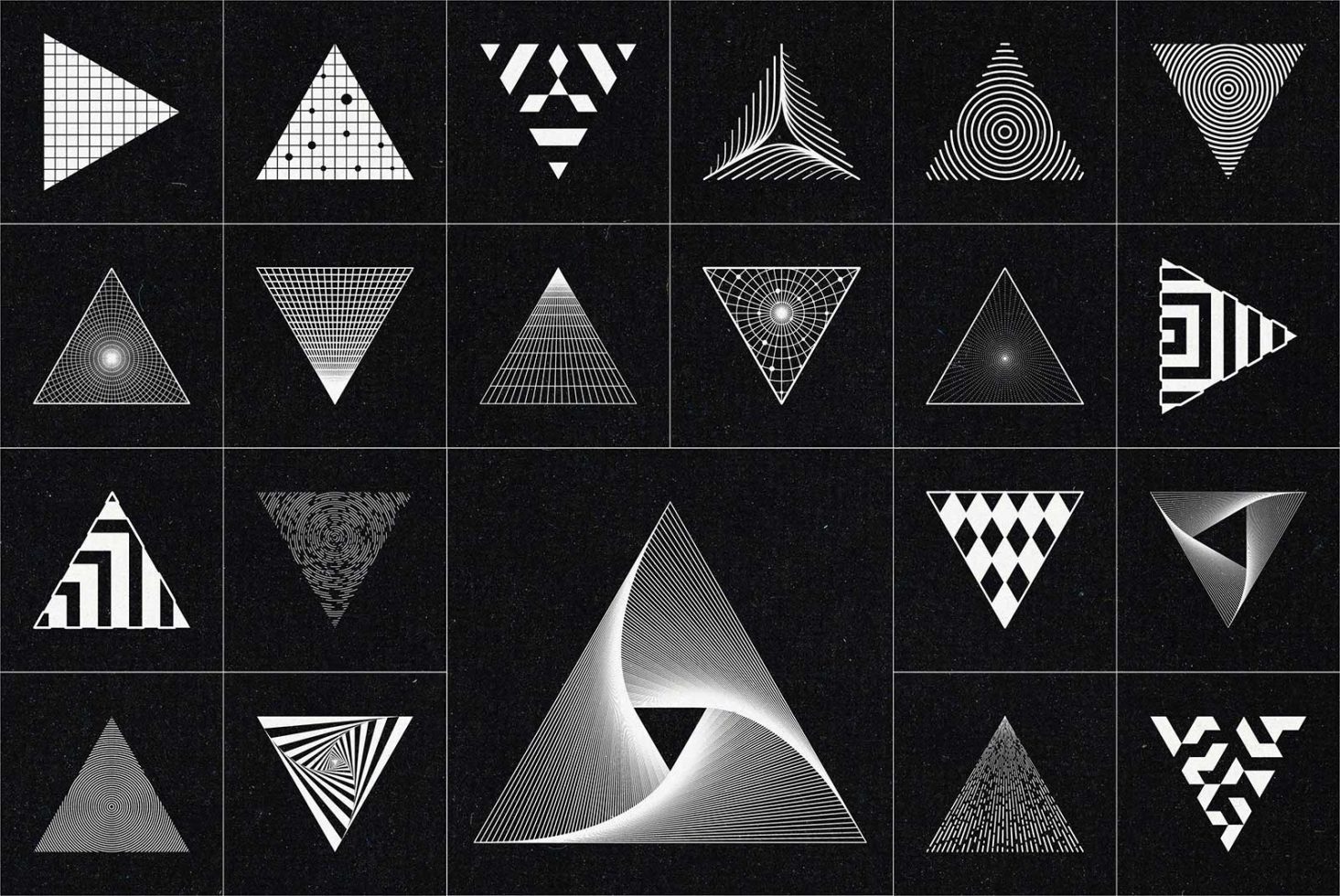 Set of 20 geometric triangle-based black and white patterns, ideal for graphics, templates, and modern design elements for creative projects.