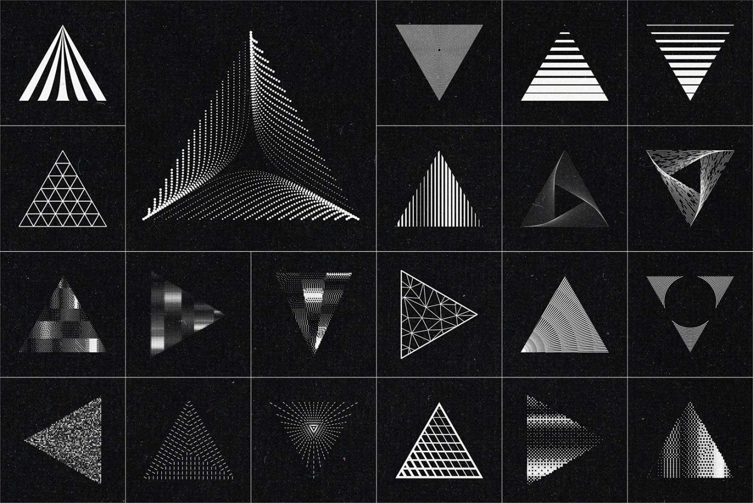 Collection of geometric triangle graphics with various patterns, textures, and optical illusions in a monochrome palette, ideal for modern design templates.