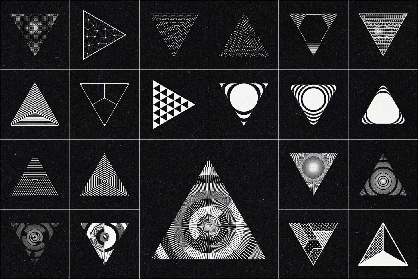 Collection of black and white geometric triangle designs, ideal for graphics category, featuring patterns, abstract art for creative digital assets.