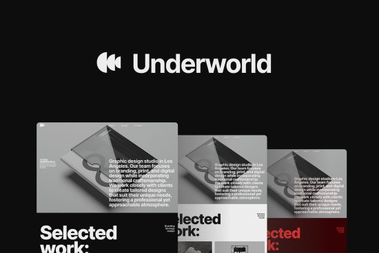 Modern graphic design studio website mockup with a sleek monochrome theme, showcasing branding and print design.