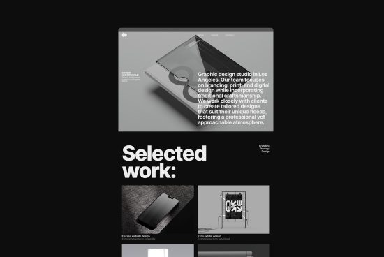 Modern portfolio layout template for graphic design studio featuring branding, print, and digital work samples, optimized for design marketplace.