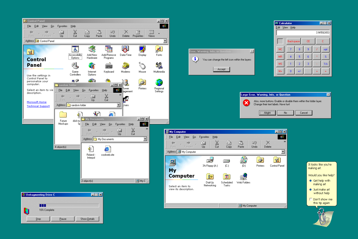 Vintage computer interface mockup with multiple windows open displaying classic design elements and error dialogues, ideal for retro technology graphics.