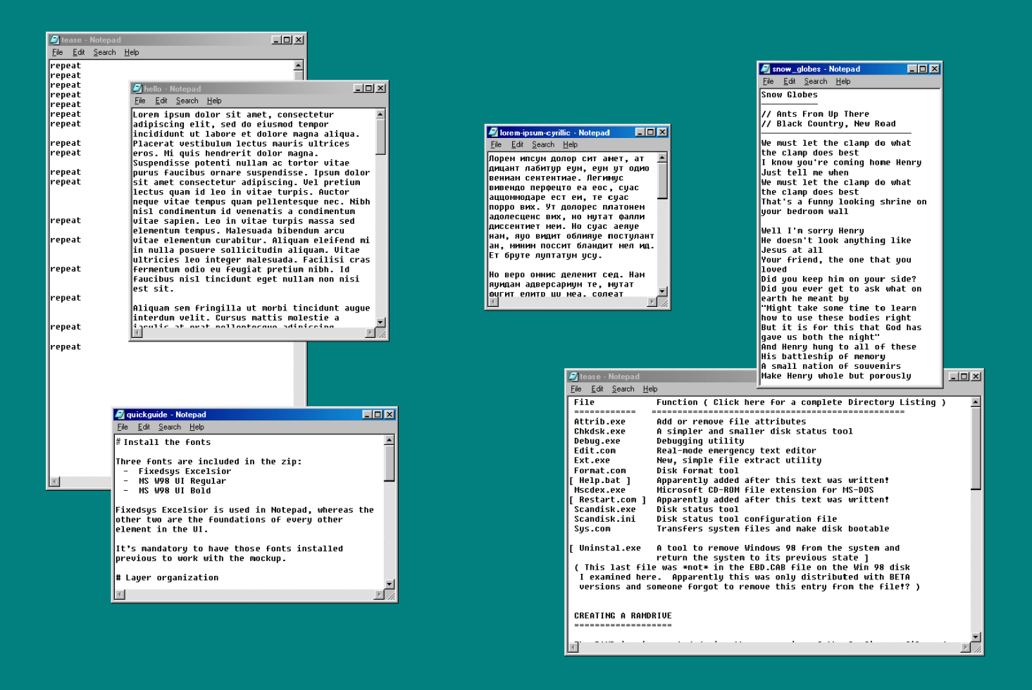 Digital mockup of multiple open Notepad windows displaying text and code, ideal for showcasing font designs or text templates.