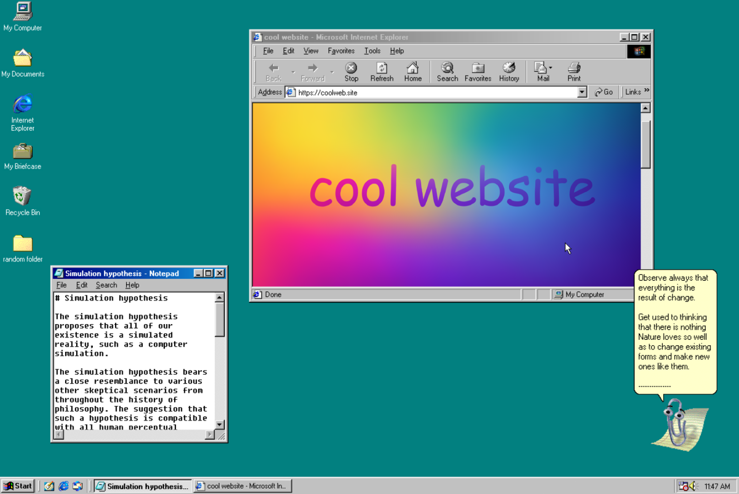 Retro Windows computer screen with vibrant gradient Internet Explorer browser mockup displaying 'cool website' text, nostalgic digital design.