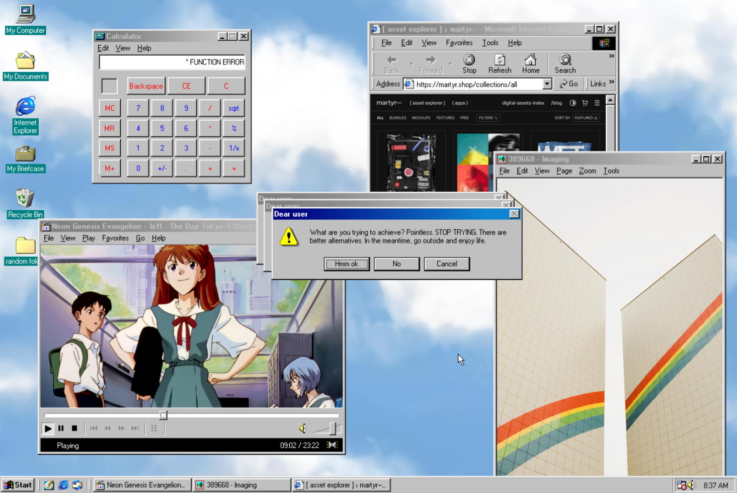 Vintage computer interface with multiple windows open including video player displaying anime, calculator with an error, and web browser.