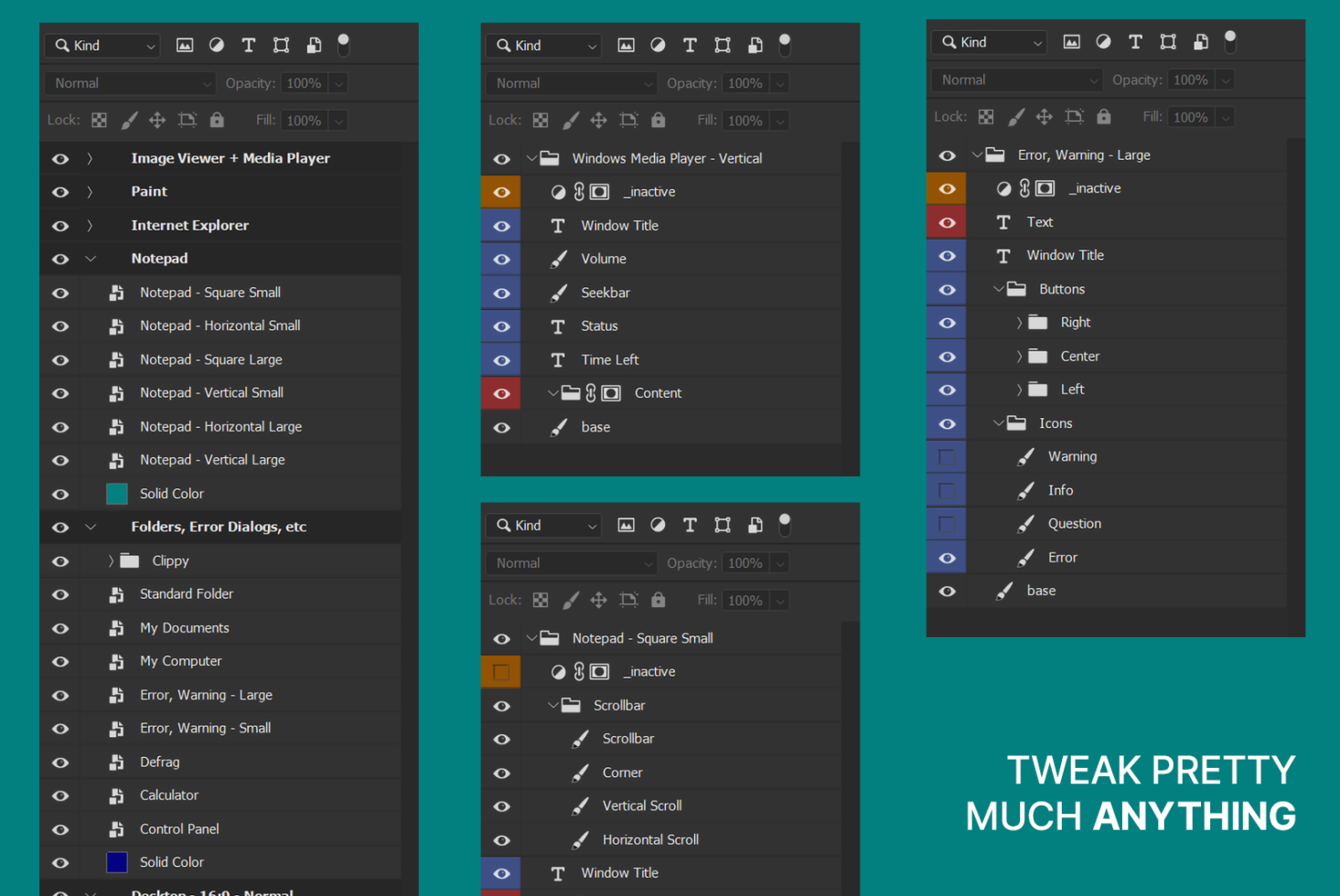 User interface design template showing layer organization in a design software, useful for graphics and UI designers.