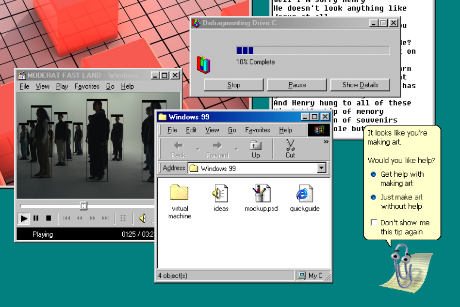 Retro digital art mockup featuring a Windows 98 interface with error messages and defragmentation overlay, ideal for nostalgic design projects.