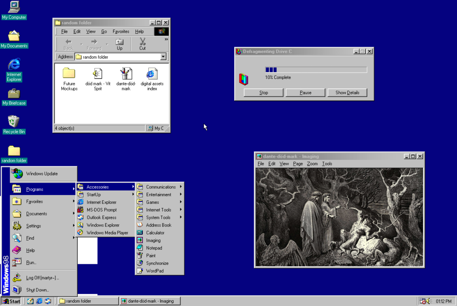 Vintage computer interface with open folders, a defragmentation tool, and classic software applications, evoking retro digital nostalgia.