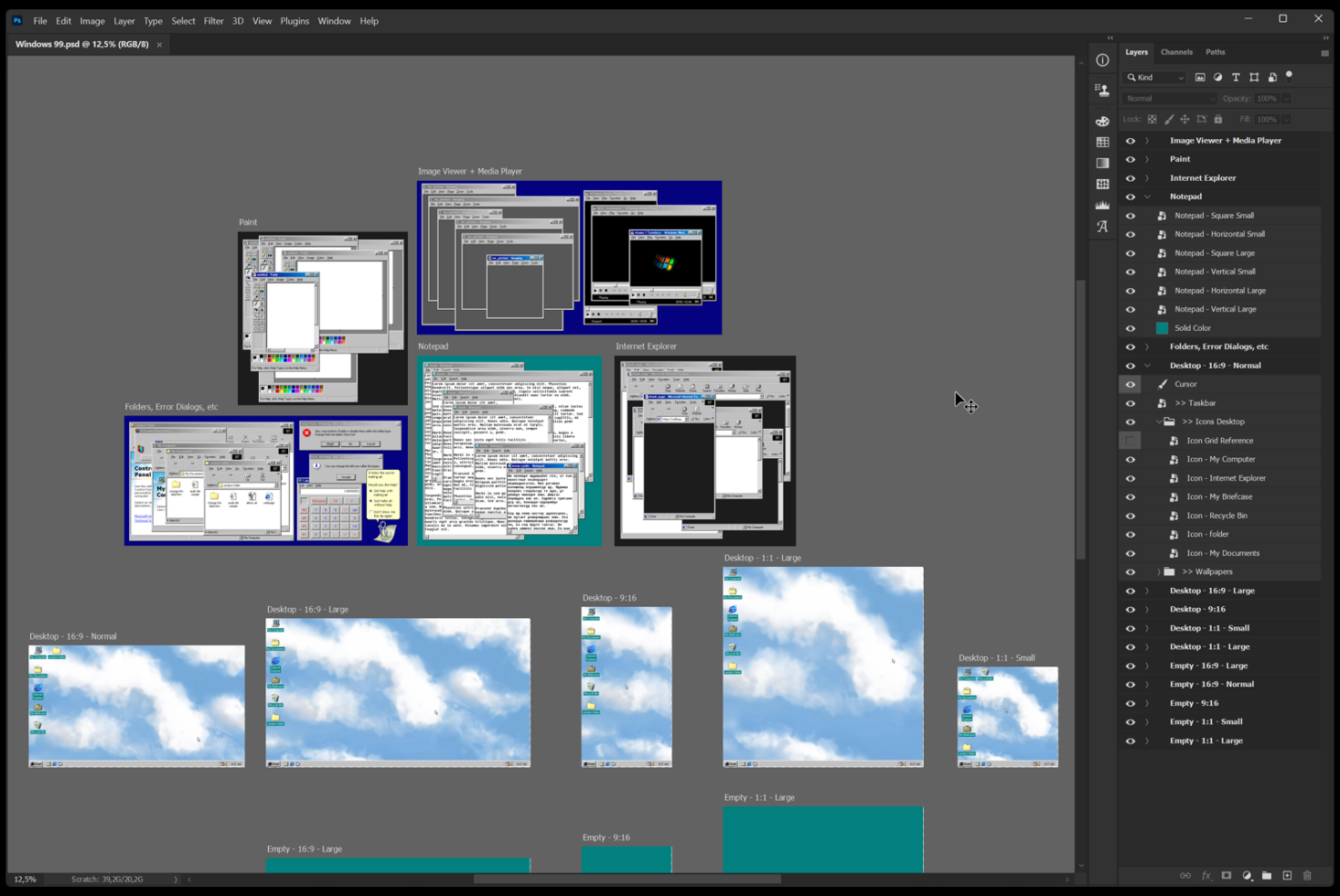 Graphic design software interface with multiple window mockups for Windows 98, showcasing application templates for design nostalgia.