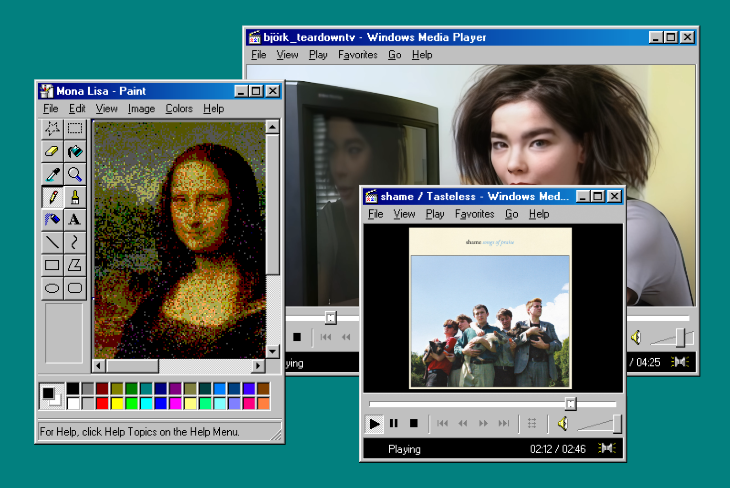 Retro digital art design featuring Mona Lisa in a pixelated style with classic Windows UI, alongside media player interfaces for designers.