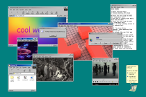 Layered browser windows, image viewers, gradient background, video player open