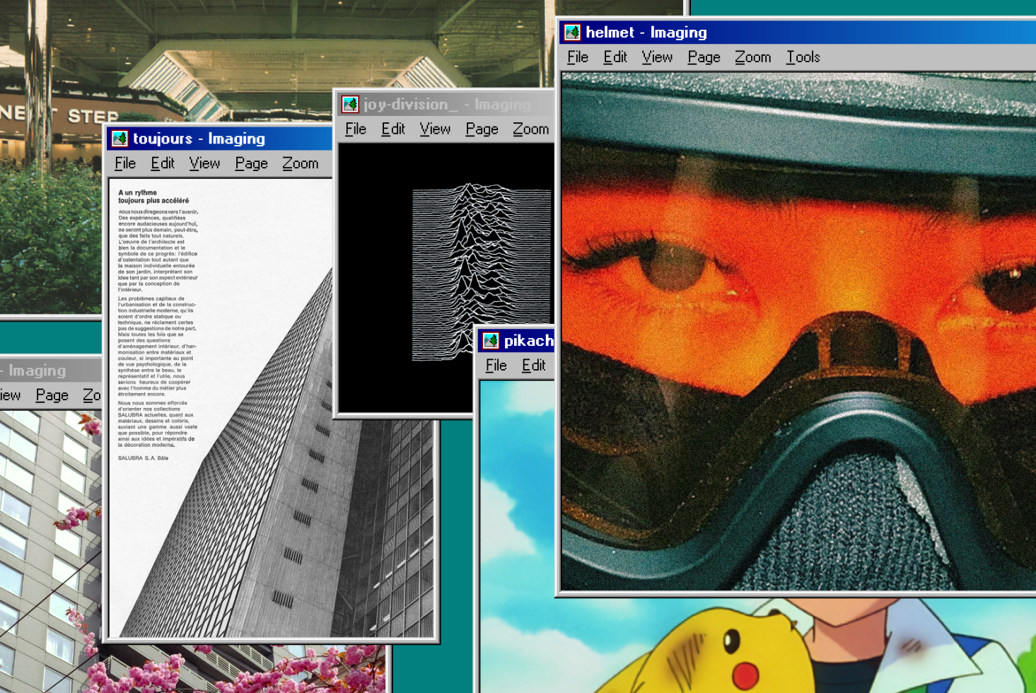 Collage of vintage computer interface with images of architecture, text document, line art, and a close-up of a person wearing a mask.