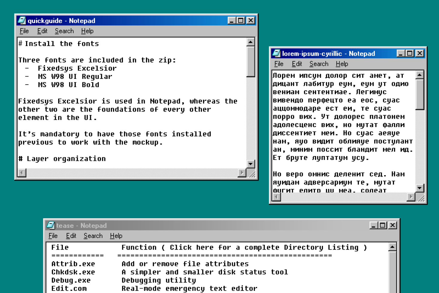 Screenshot of three Notepad windows with text, suitable for Templates category showing interface design, font usage, and layer organization guide for UI mockups.