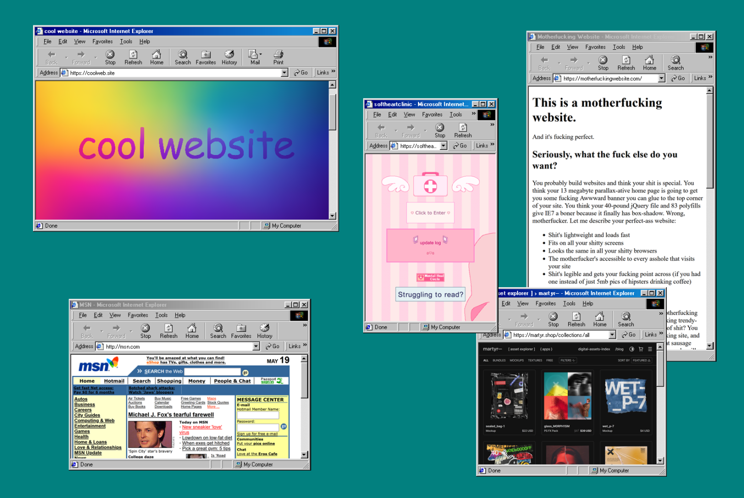 Retro internet browser windows with colorful website mockups, vintage web design templates, nostalgic tech graphics.