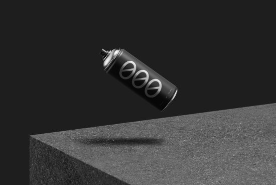 Floating spray can mockup with minimalist branding on a dark background, ideal for product design presentations and packaging mockups.