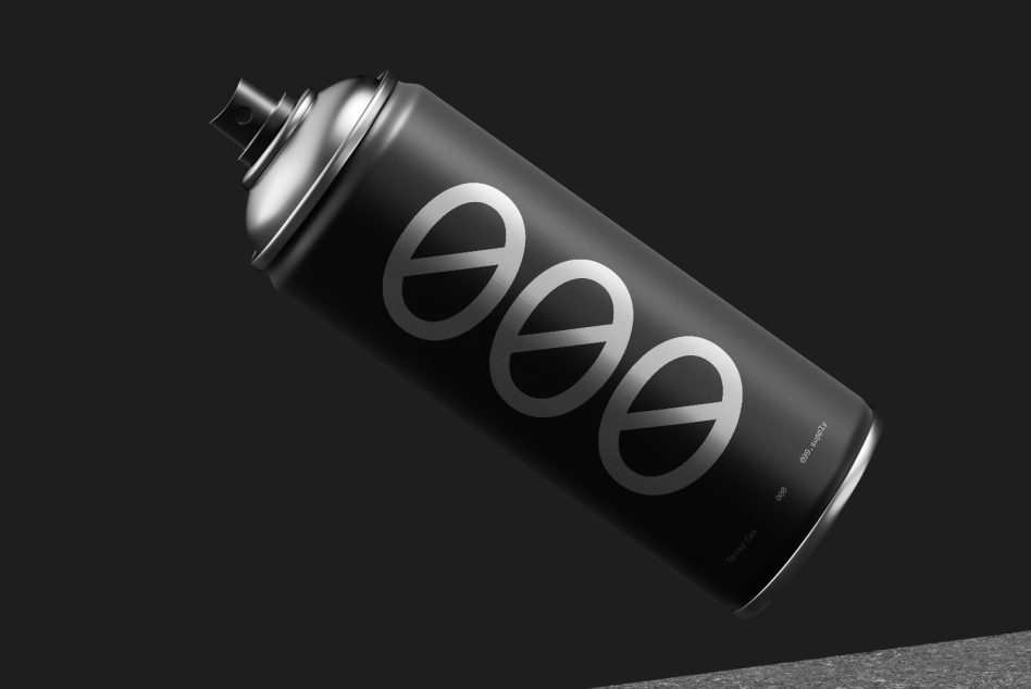 Black spray paint can angled with three circular logo marks on dark background