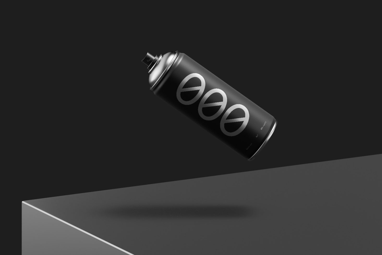 Realistic spray can mockup on dark background with floating position, suitable for branding and packaging design presentations.