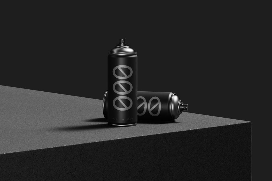 Realistic spray can mockups on dark background, design presentation, product packaging mockup, editable PSD template for designers.