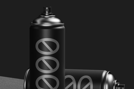 Black spray can with reflective logo mockup on dark background, ideal for branding presentations in design assets.