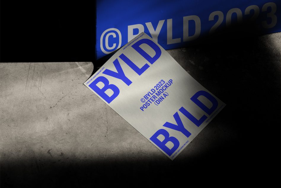 Angled poster mockup with bright blue neon sign reflecting on concrete surface behind