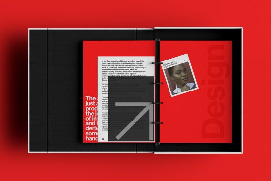 Professional magazine mockup design featuring open pages with editable text and photo on red background, suitable for presentations and portfolios.
