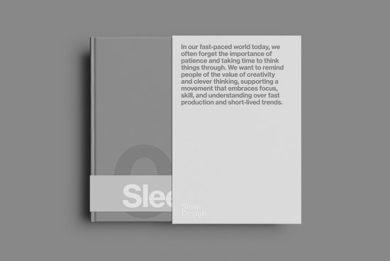 Minimalistic book cover mockup in grey with 'Slow Design' concept text, ideal for presenting elegant designs and fonts to creative professionals.