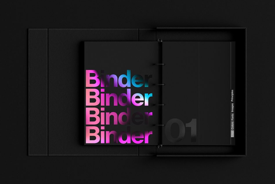 Elegant black binder mockup with colorful holographic font design on cover suitable for presentation, portfolio templates, stationery branding.