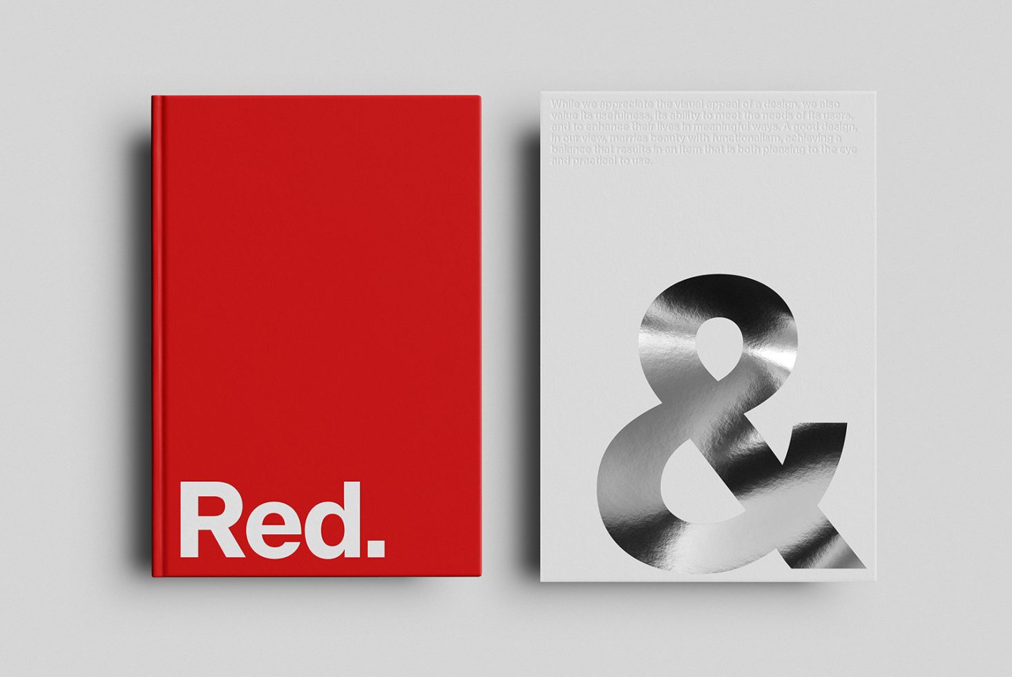 Minimalist book cover mockup featuring a bold red design on the left and a typographic design on the right, ideal for graphic designers.