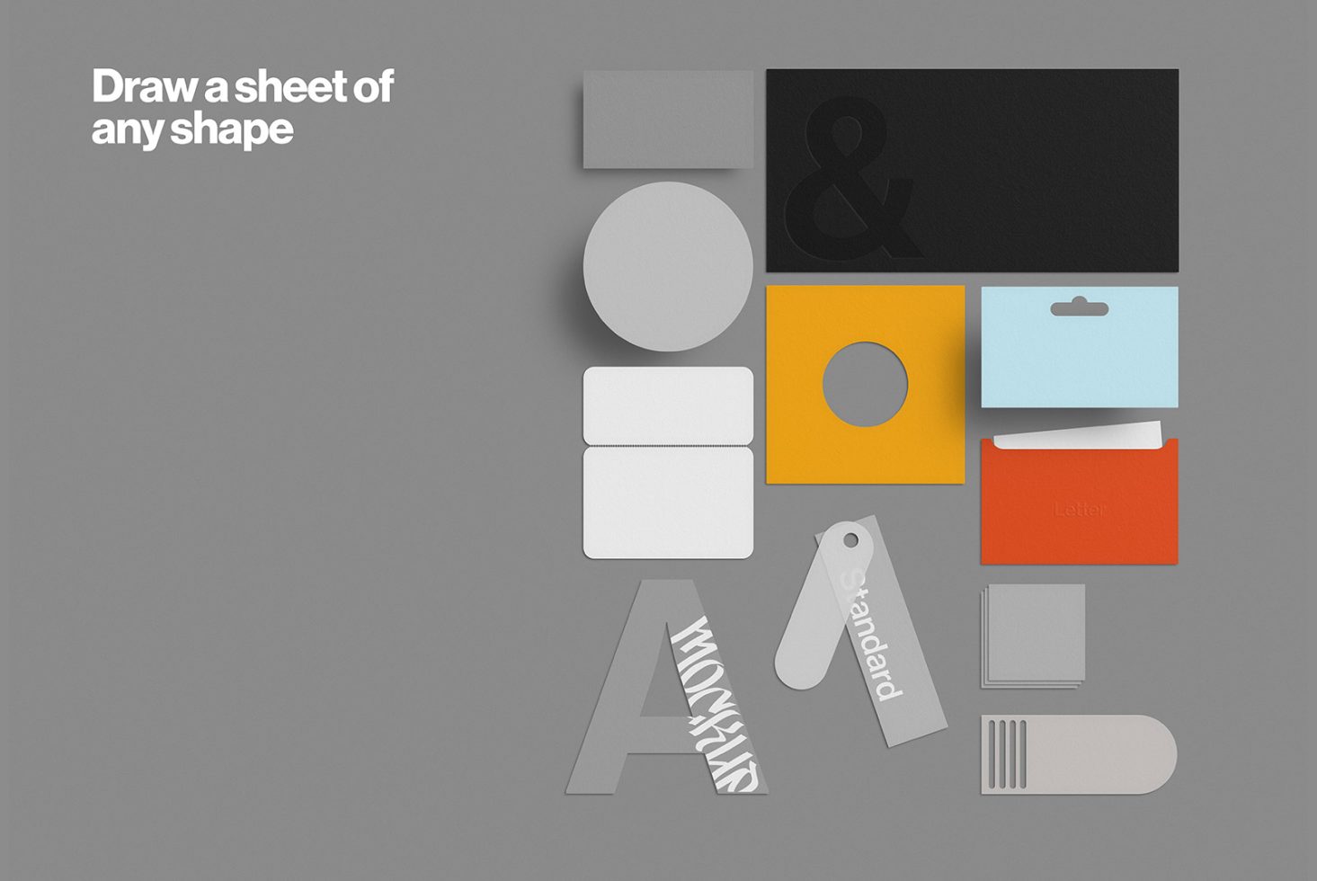 Graphic design mockup collection featuring various paper shapes, tags and color samples on a grey background for portfolio display.