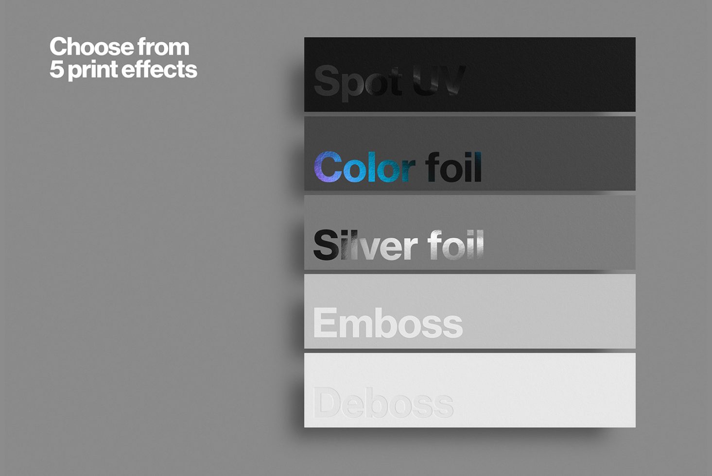 Graphic design template showing 5 print effects: Spot UV, Color foil, Silver foil, Emboss, Deboss on layered cards for branding mockups.
