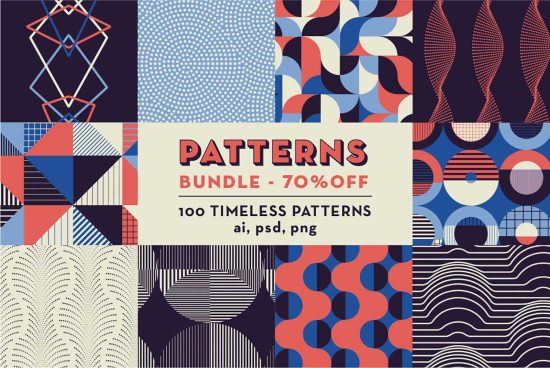 Discounted bundle of 100 vector patterns in ai, psd, png for graphic design, offering versatile, geometric and abstract styles.