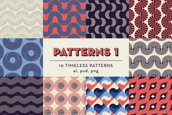 Collection of 10 diverse seamless patterns for design projects available in ai, psd, png format, perfect for graphics, templates, and mockups.