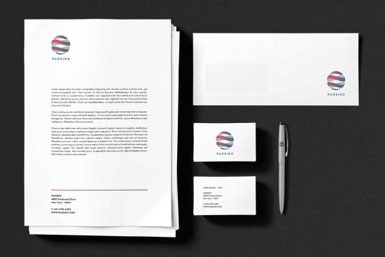 Corporate stationery mockup with letterheads, business cards, envelope, and pen on dark background with elegant design.