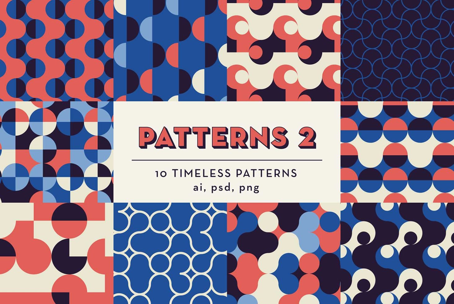 Collection of 10 timeless geometric patterns in red, blue, white for design assets in ai, psd, png formats suitable for graphics and templates.