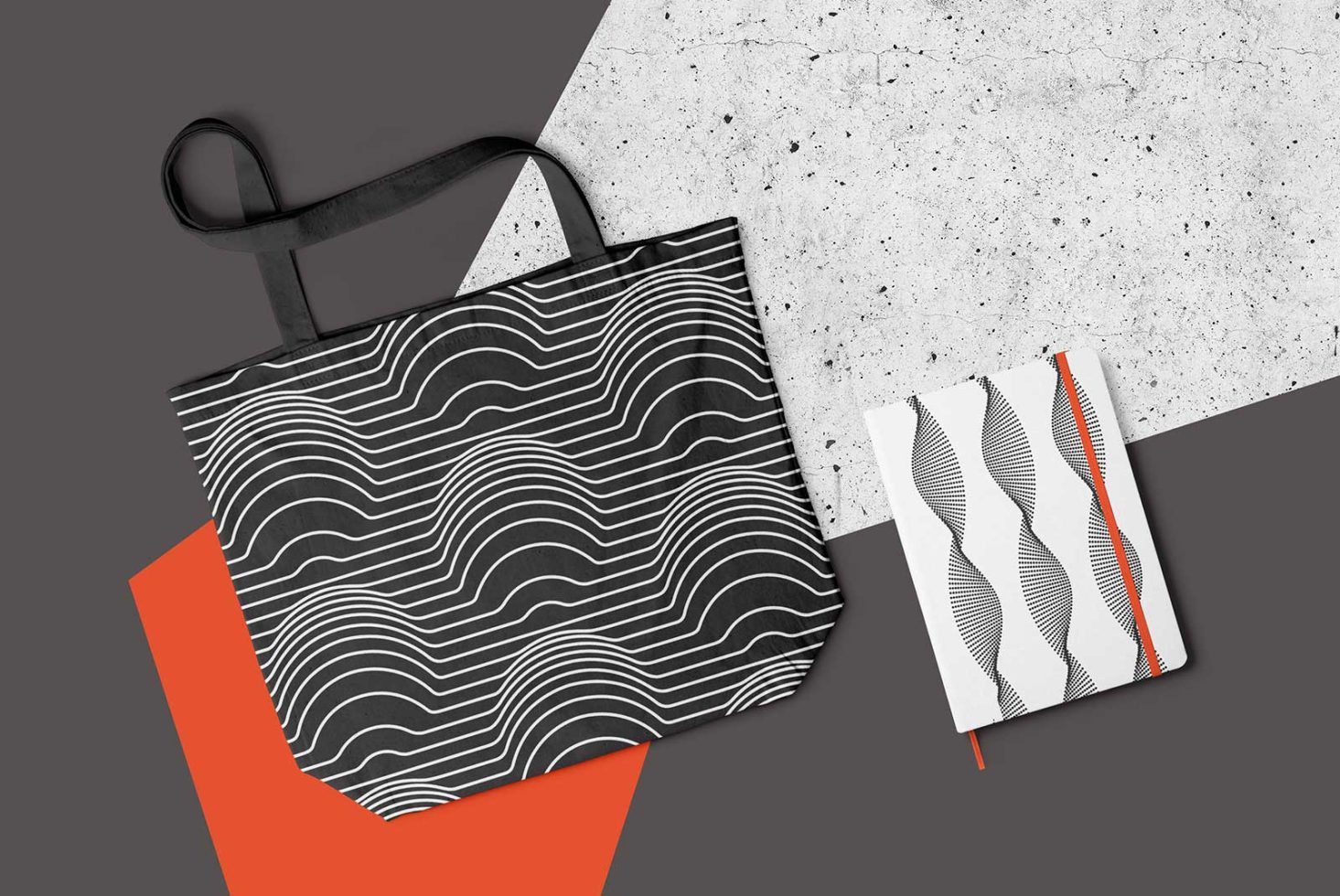 Stylish tote bag and notebook cover with abstract black and white wave pattern design mockup on red and gray background for designers.